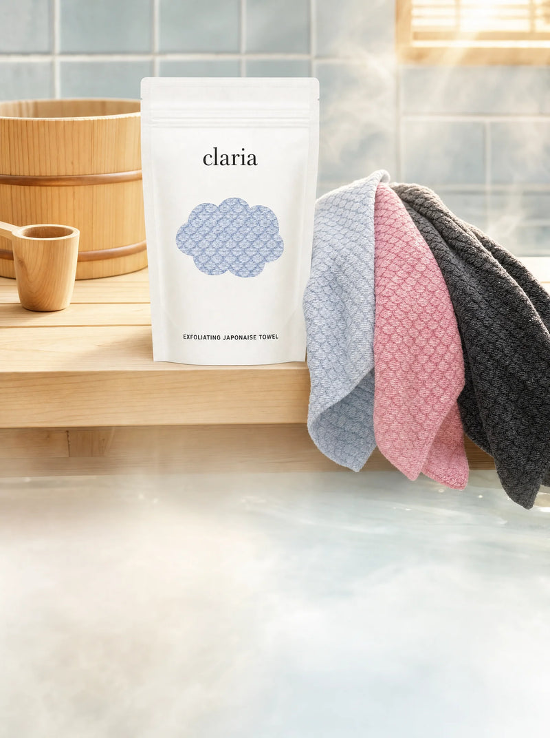 Claria Japanese exfoliating towels in a bright bathhouse